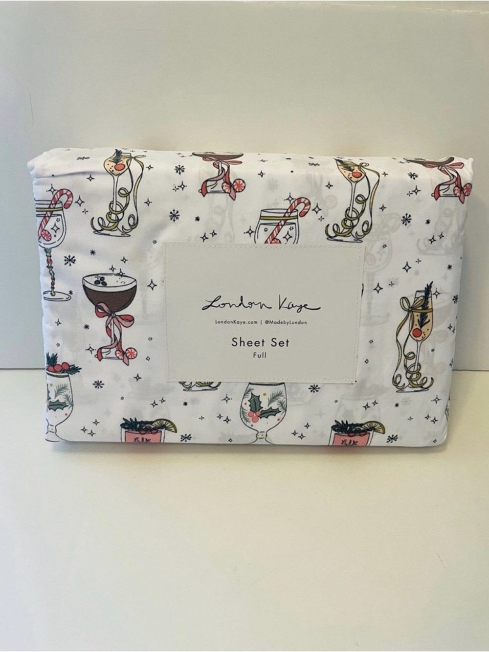 London Kaye Deck the Cocktails Candy Cane Peppermint Full Size White Sheet Set